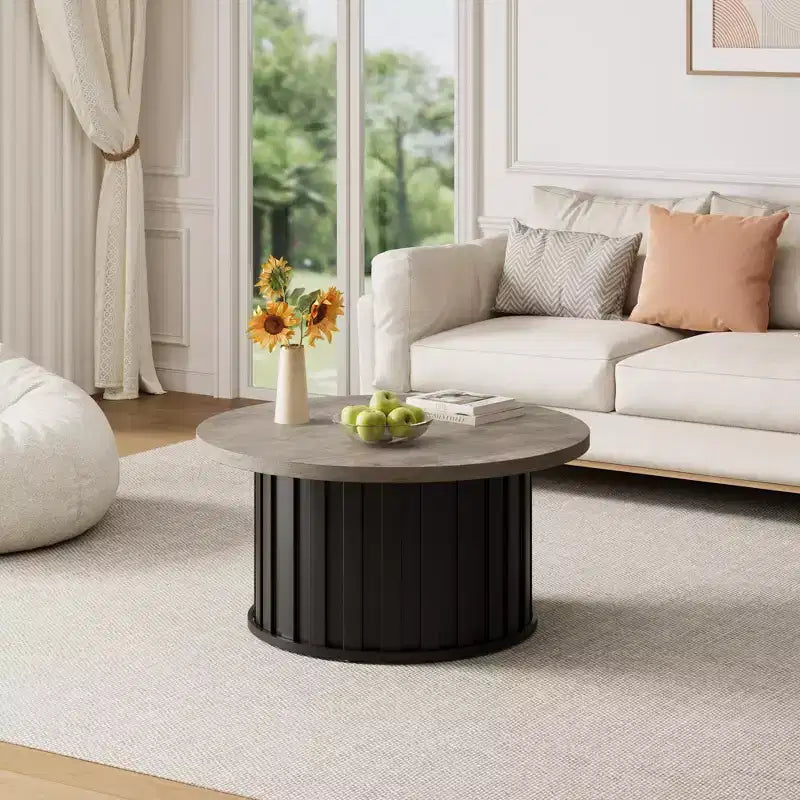 Table basse ronde 32, table basse de style Mid-Century avec base en métal, table basse cannelée pour salon, bureau, appartement