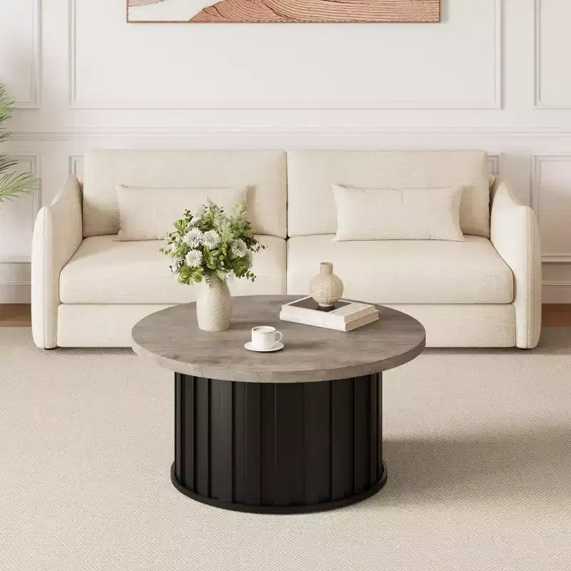 Table basse ronde 32, table basse de style Mid-Century avec base en métal, table basse cannelée pour salon, bureau, appartement