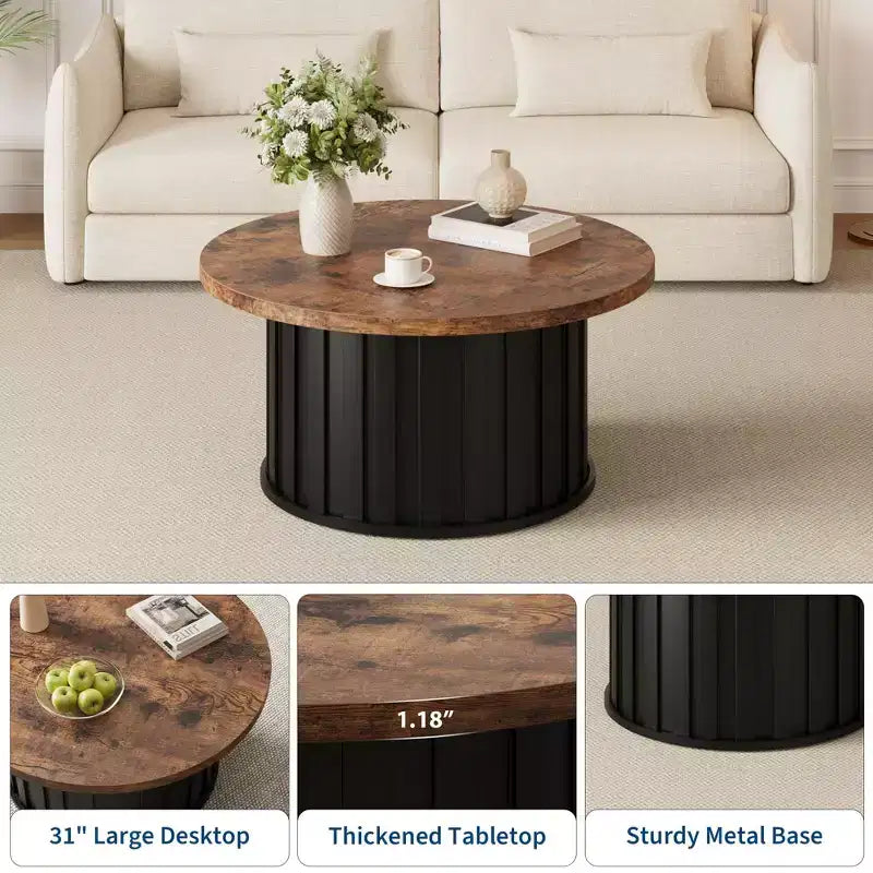 Table basse ronde 32, table basse de style Mid-Century avec base en métal, table basse cannelée pour salon, bureau, appartement