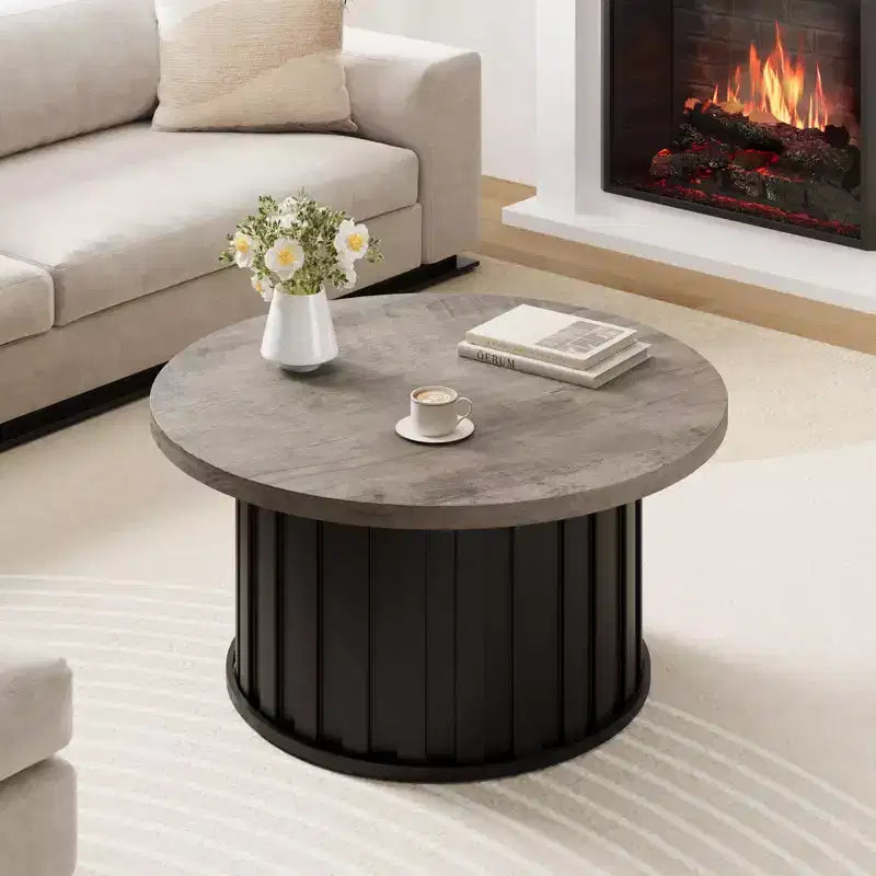 Table basse ronde 32, table basse de style Mid-Century avec base en métal, table basse cannelée pour salon, bureau, appartement