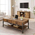 Coffee Table, 41'Rustic Coffee Table with 2 Storage Drawers - Rectangular Wood Table w/Metal Legs (Living Room/Office)