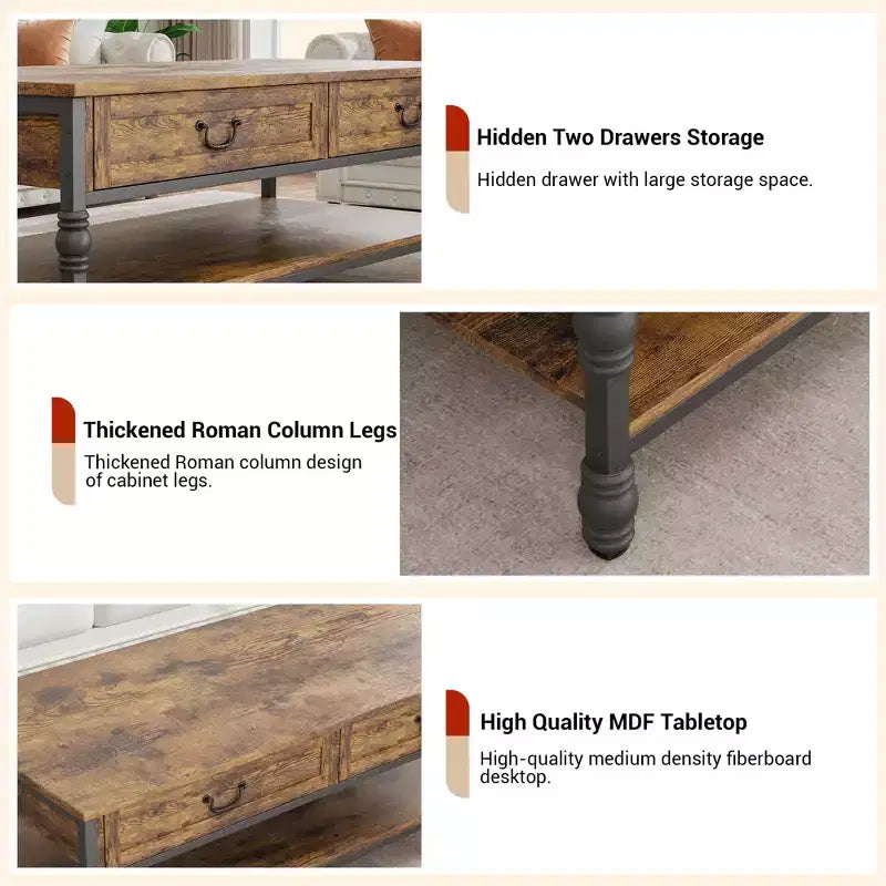 Table basse, Table basse rustique de 41'' avec 2 tiroirs de rangement - Table rectangulaire en bois avec pieds en métal (salon/bureau)