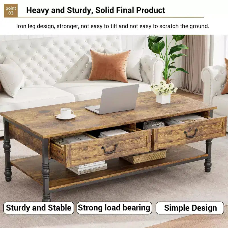 Table basse, Table basse rustique de 41'' avec 2 tiroirs de rangement - Table rectangulaire en bois avec pieds en métal (salon/bureau)