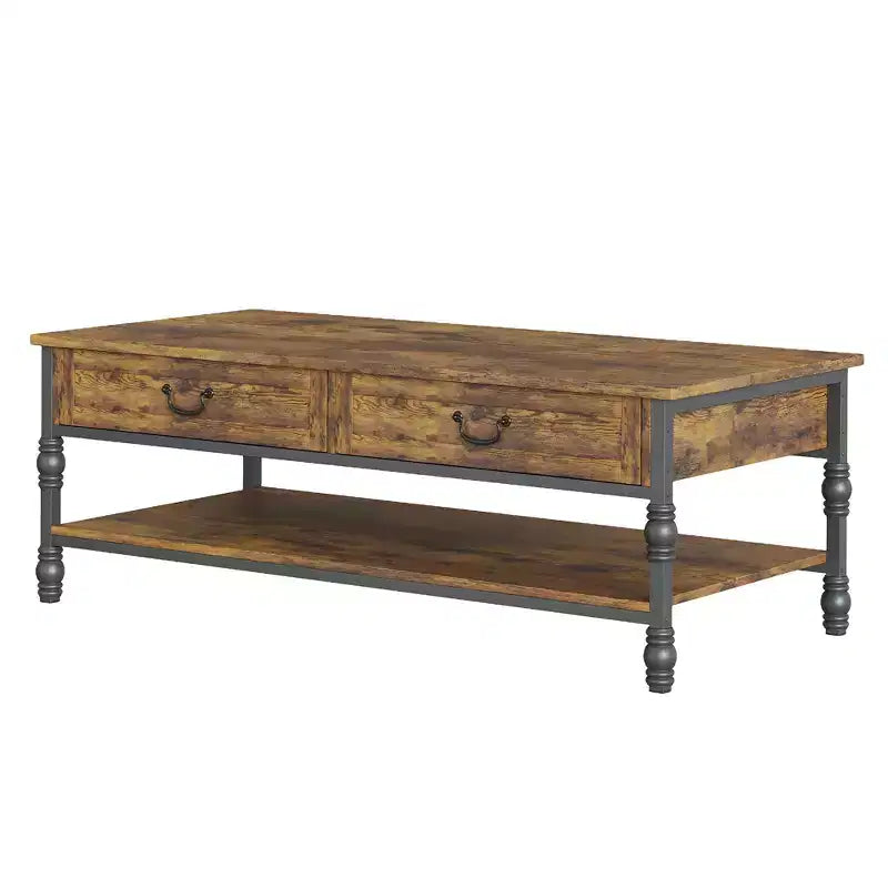 Table basse, Table basse rustique de 41'' avec 2 tiroirs de rangement - Table rectangulaire en bois avec pieds en métal (salon/bureau)