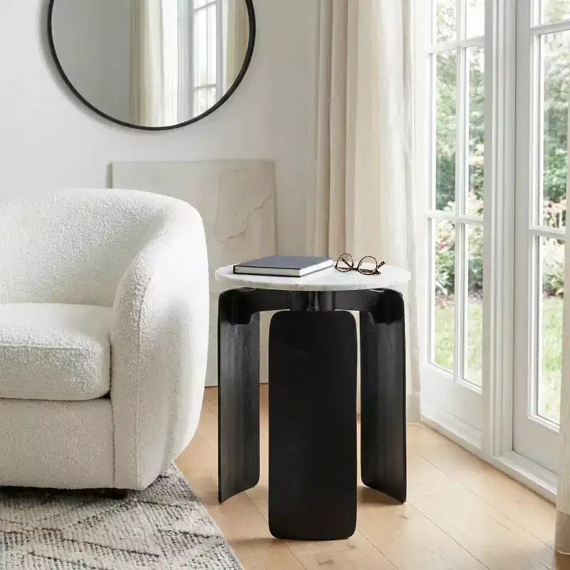 Modern Round Marble-Top Accent Side Table for Living Room Styling - Chic Narrow End Table with Sculptural Base for Home Decor - 20, White and Black