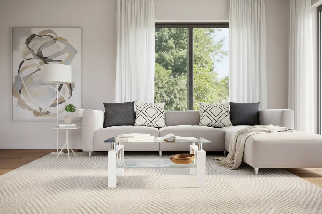 Coffee Table White and Transparent Tempered Glass, Melamine