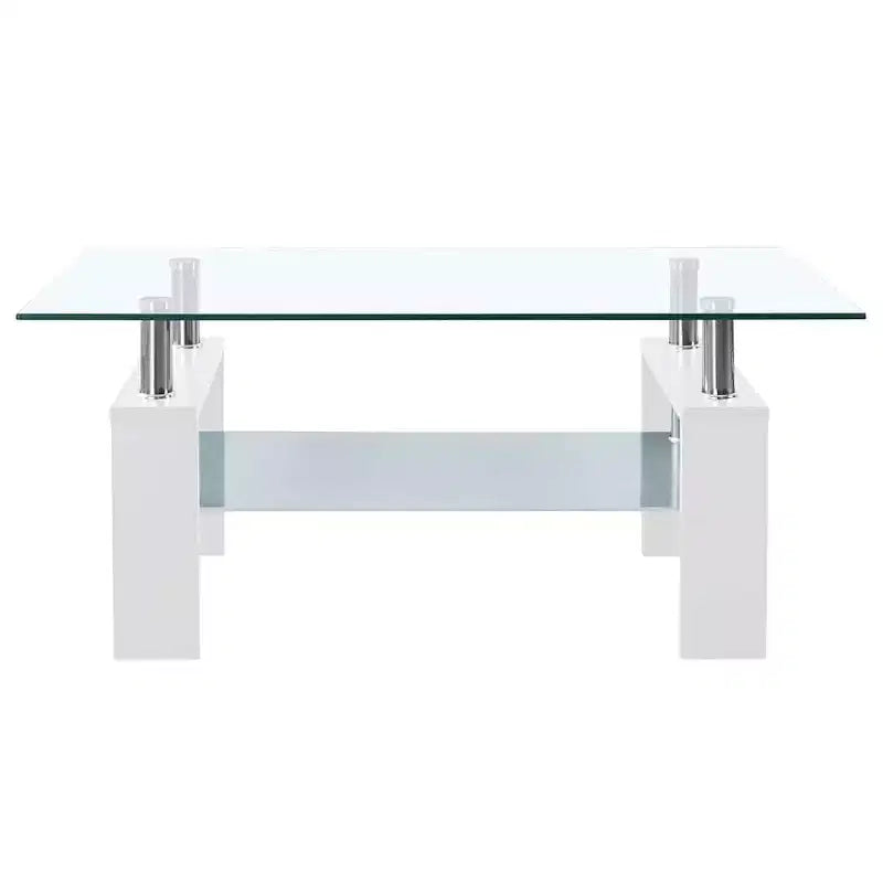 Table basse verre trempé blanc et transparent, mélaminé