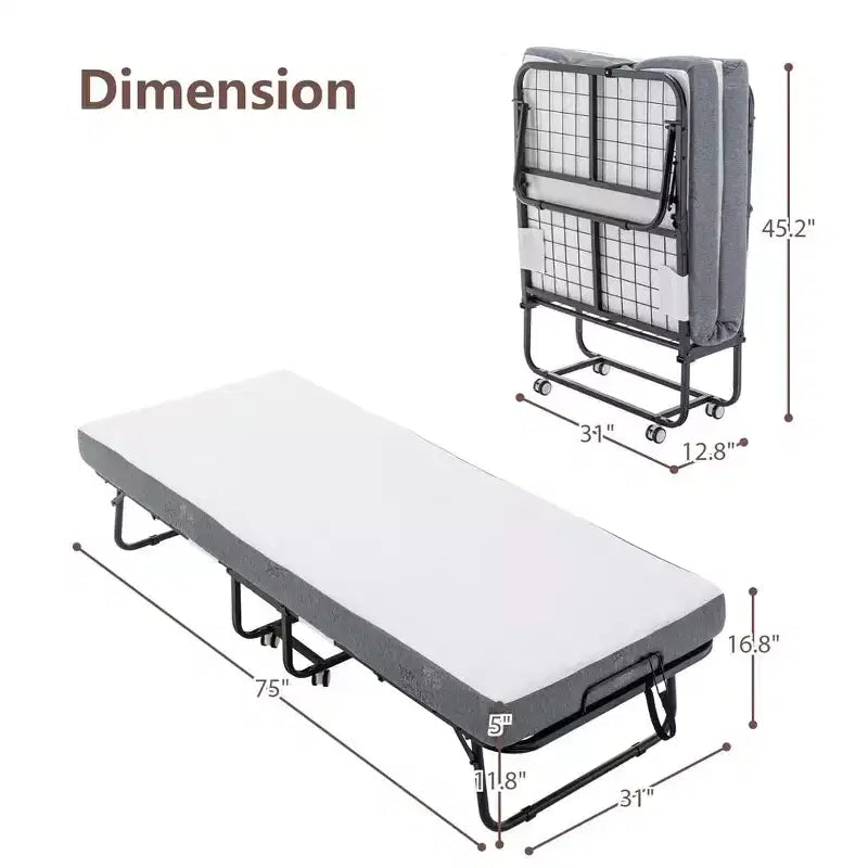 Lit pliant avec matelas de 5 pouces, lits d'appoint portables sur roulettes, lit pliant peu encombrant avec cadre en métal pour petit appartement/dortoir