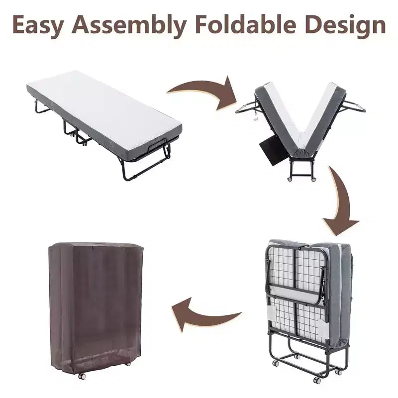 Lit pliant avec matelas de 5 pouces, lits d'appoint portables sur roulettes, lit pliant peu encombrant avec cadre en métal pour petit appartement/dortoir