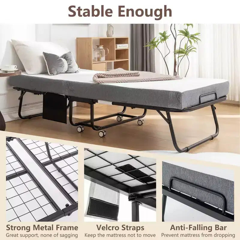 Lit pliant avec matelas de 5 pouces, lits d'appoint portables sur roulettes, lit pliant peu encombrant avec cadre en métal pour petit appartement/dortoir