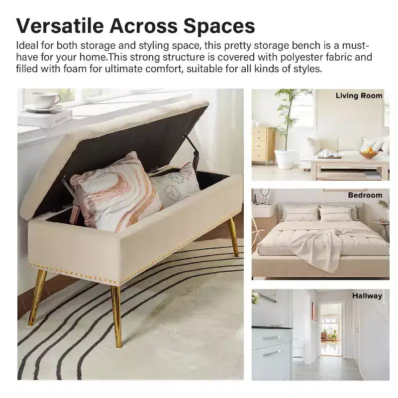 Banc de rangement Hippolytus avec garniture cloutée et capitonnage pour chambre à coucher
