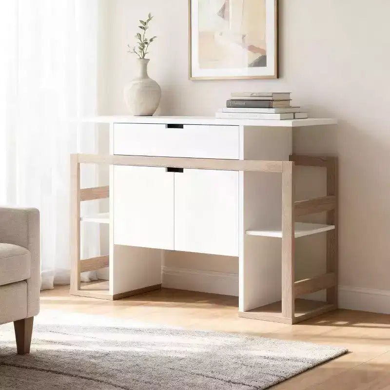 Homy Casa Decorative Storage Cabinet with Drawer, Open Side Shelves and Two-Door Base for Living Room or Dining Space, White Oak