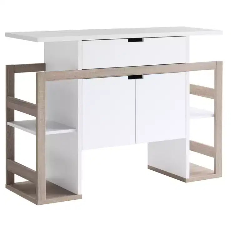 Meuble de rangement décoratif avec tiroir, étagères latérales ouvertes et base à deux portes pour le salon ou la salle à manger, chêne blanc