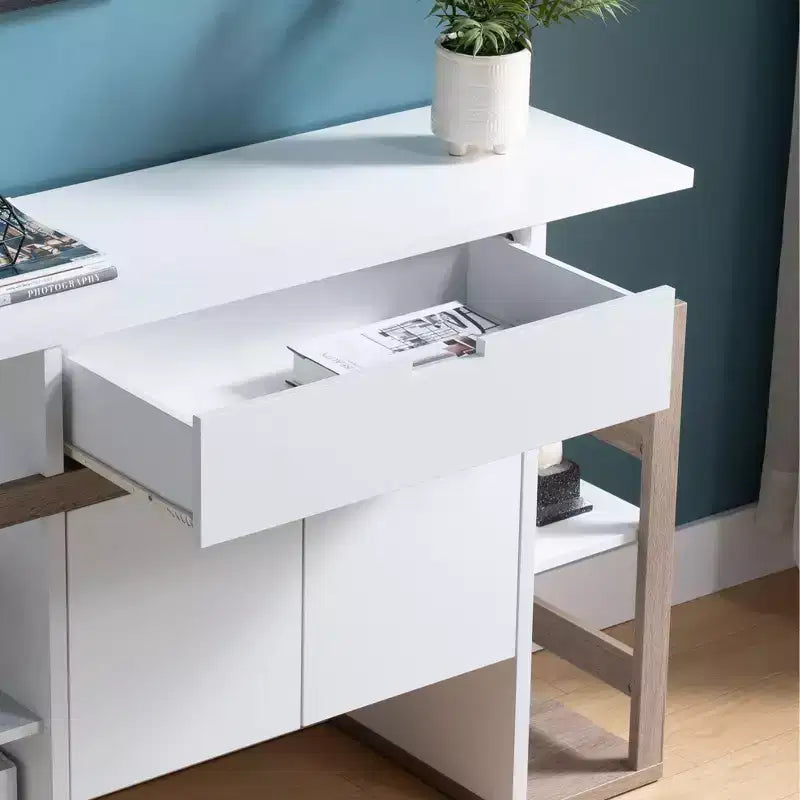Meuble de rangement décoratif avec tiroir, étagères latérales ouvertes et base à deux portes pour le salon ou la salle à manger, chêne blanc