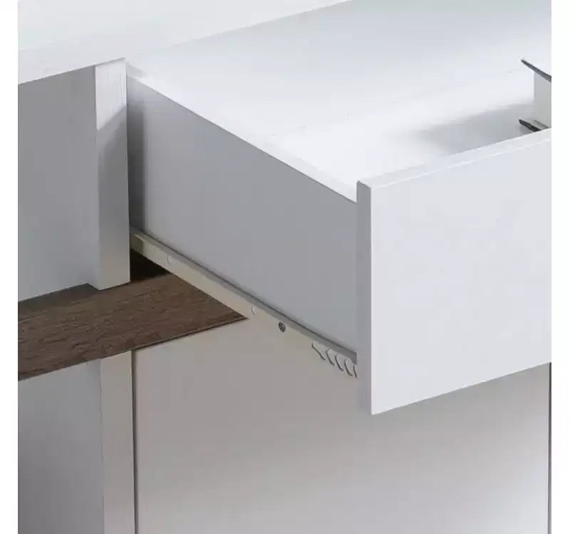 Meuble de rangement décoratif avec tiroir, étagères latérales ouvertes et base à deux portes pour le salon ou la salle à manger, chêne blanc