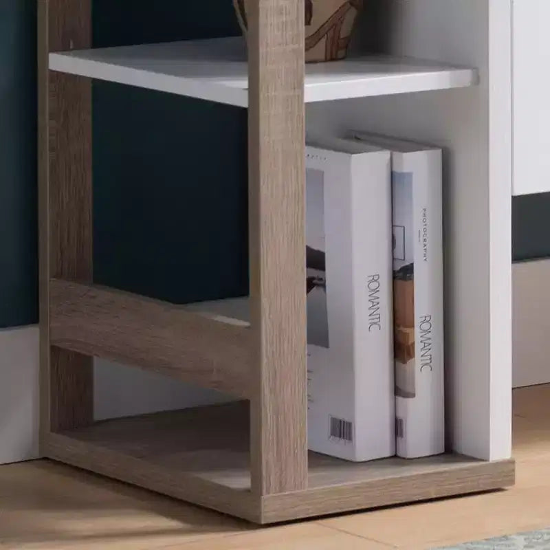 Meuble de rangement décoratif avec tiroir, étagères latérales ouvertes et base à deux portes pour le salon ou la salle à manger, chêne blanc