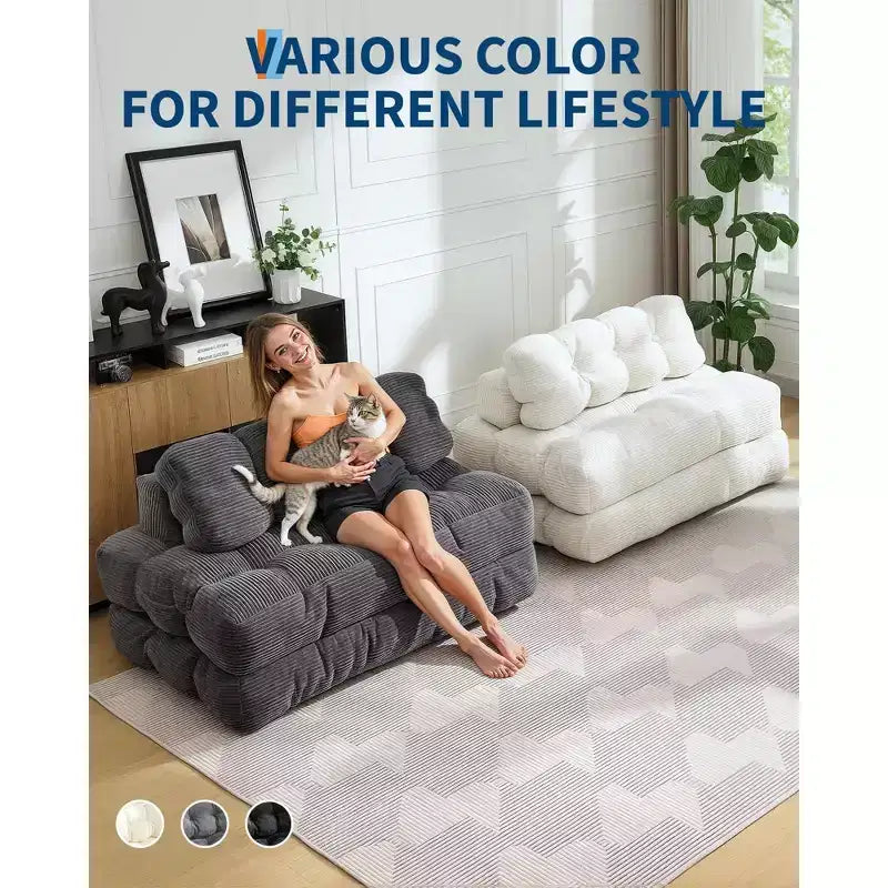 Canapé-lit pliable 3-en-1 avec oreiller, fauteuil de couchage convertible en velours côtelé pour salon, chambre, dortoir ou appartement