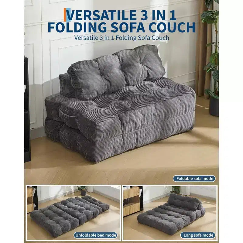 Canapé-lit pliable 3-en-1 avec oreiller, fauteuil de couchage convertible en velours côtelé pour salon, chambre, dortoir ou appartement