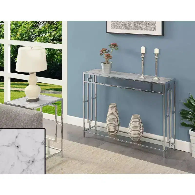 Console chromée avec étagère, faux marbre blanc/cadre chromé