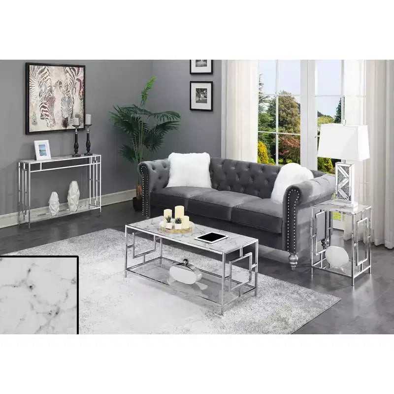 Console chromée avec étagère, faux marbre blanc/cadre chromé