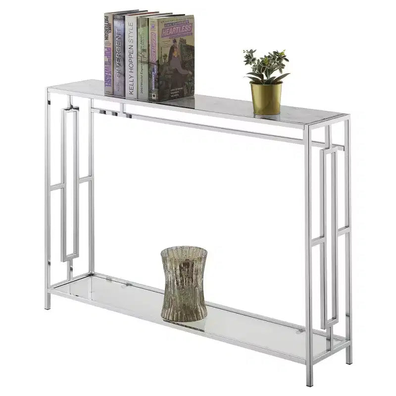 Console chromée avec étagère, faux marbre blanc/cadre chromé