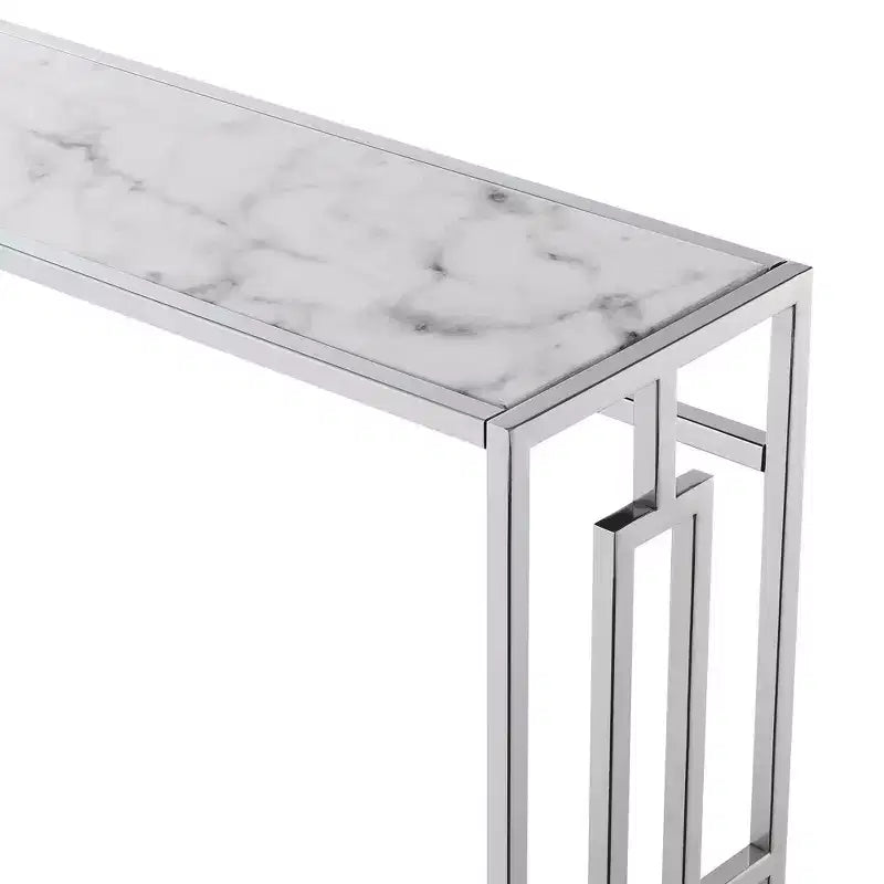 Console chromée avec étagère, faux marbre blanc/cadre chromé