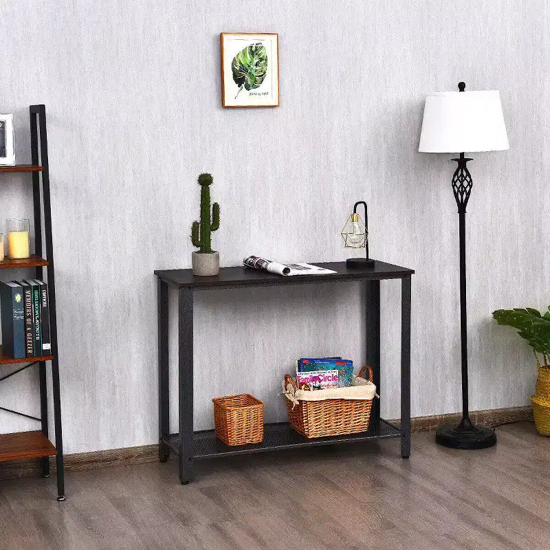 Table console de canapé avec étagère de rangement, cadre métallique, aspect bois, table d'entrée, argent/noir