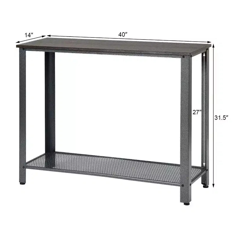 Table console de canapé avec étagère de rangement, cadre métallique, aspect bois, table d'entrée, argent/noir