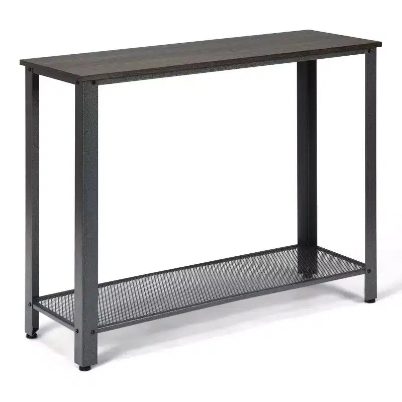 Table console de canapé avec étagère de rangement, cadre métallique, aspect bois, table d'entrée, argent/noir