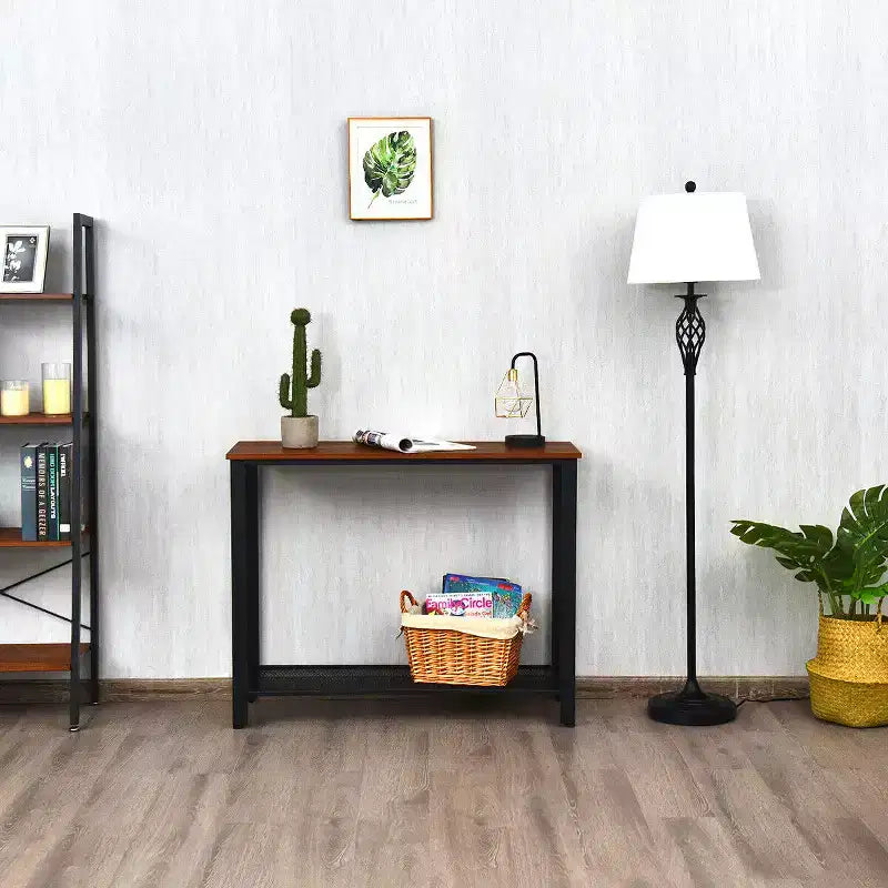 Table console de canapé avec étagère de rangement, cadre métallique, aspect bois, table d'entrée, argent/noir