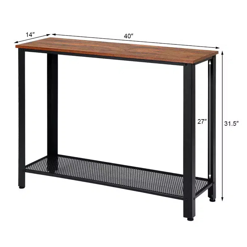 Table console de canapé avec étagère de rangement, cadre métallique, aspect bois, table d'entrée, argent/noir