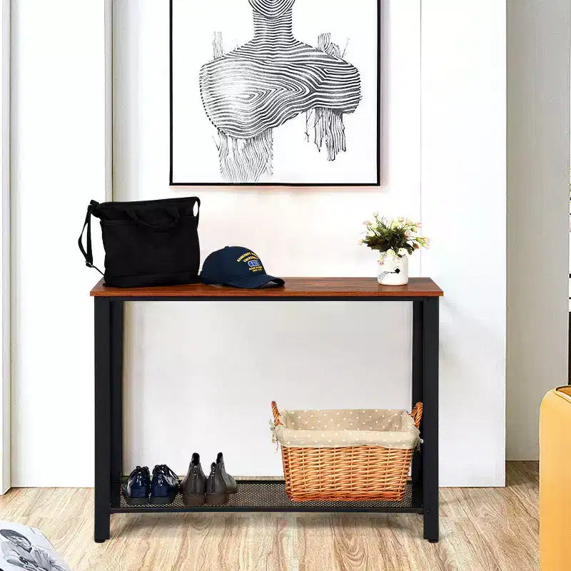 Table console de canapé avec étagère de rangement, cadre métallique, aspect bois, table d'entrée, argent/noir