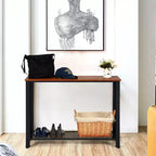 Table console de canapé avec étagère de rangement, cadre métallique, aspect bois, table d'entrée, argent/noir