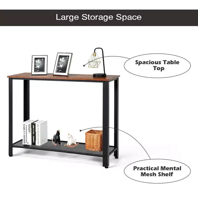 Table console de canapé avec étagère de rangement, cadre métallique, aspect bois, table d'entrée, argent/noir