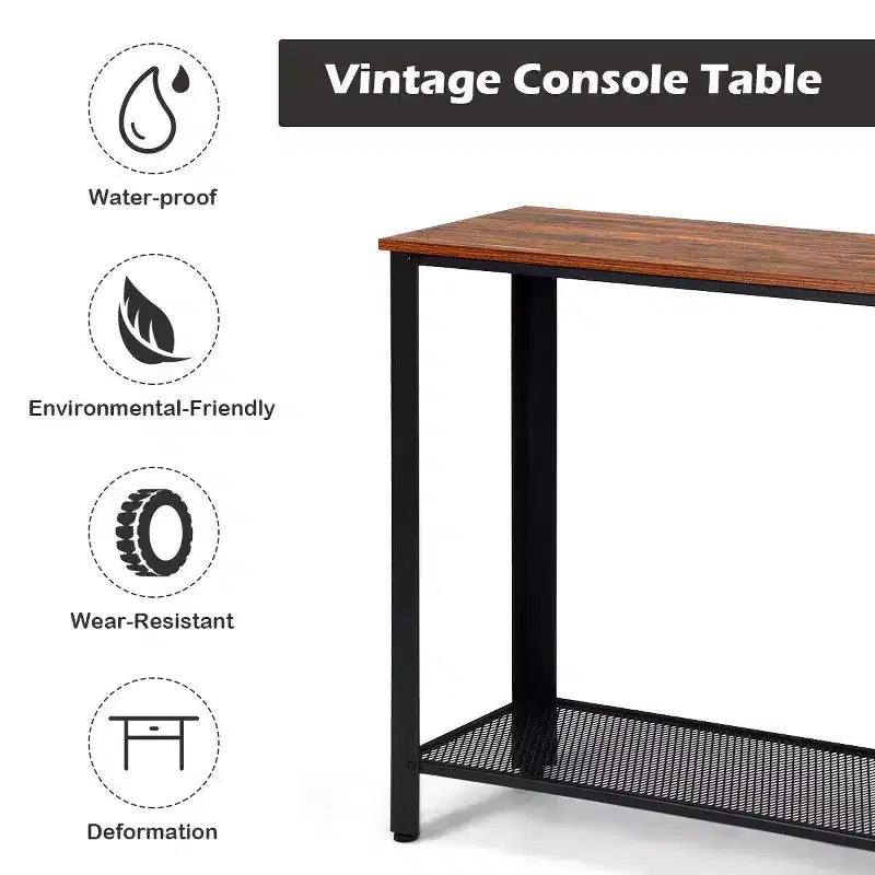 Table console de canapé avec étagère de rangement, cadre métallique, aspect bois, table d'entrée, argent/noir