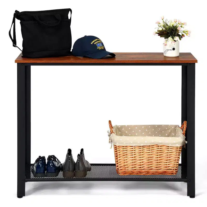 Table console de canapé avec étagère de rangement, cadre métallique, aspect bois, table d'entrée, argent/noir