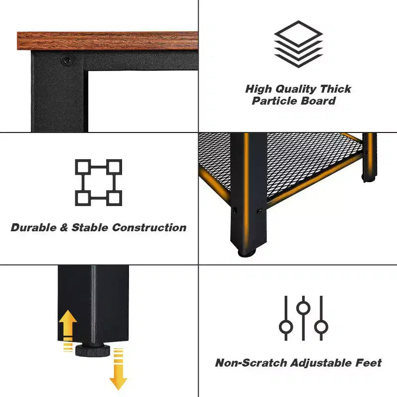 Table console de canapé avec étagère de rangement, cadre métallique, aspect bois, table d'entrée, argent/noir