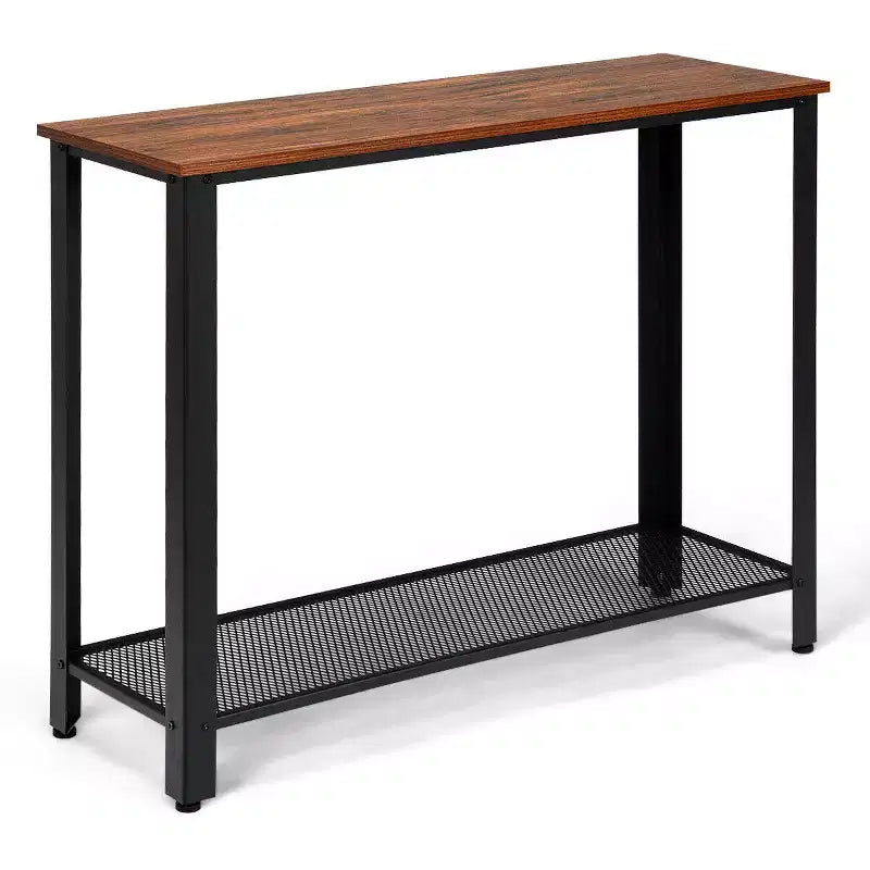Table console de canapé avec étagère de rangement, cadre métallique, aspect bois, table d'entrée, argent/noir