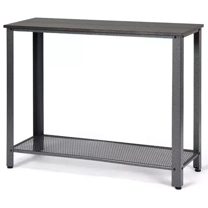 Table console de canapé avec étagère de rangement, cadre métallique, aspect bois, table d'entrée, argent/noir