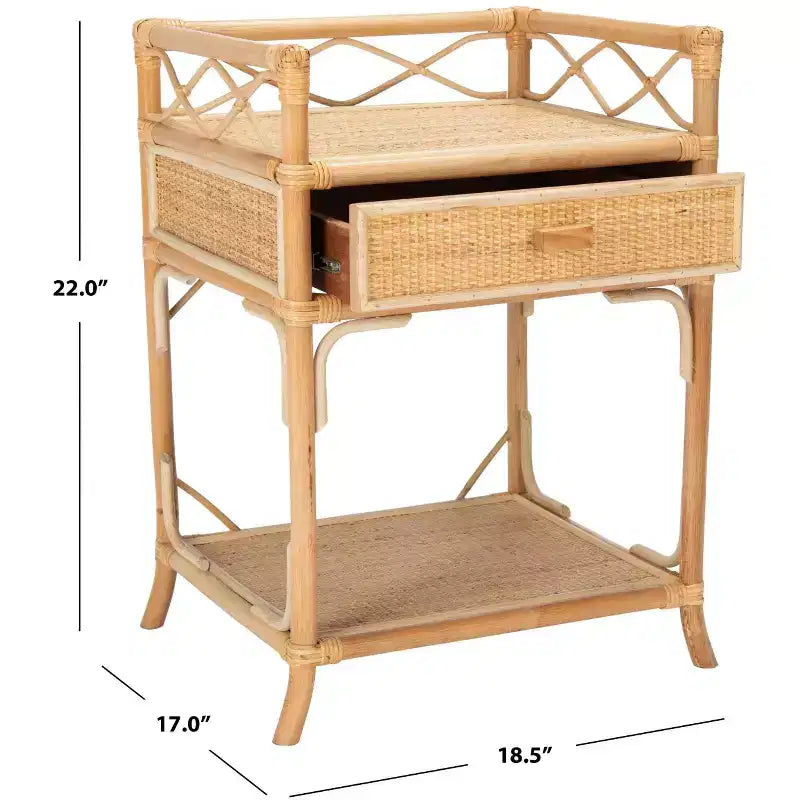 Table de chevet 1 tiroir 1 étagère en bois et rotin