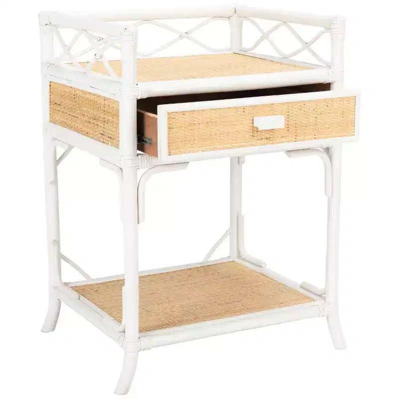 Table de chevet 1 tiroir 1 étagère en bois et rotin