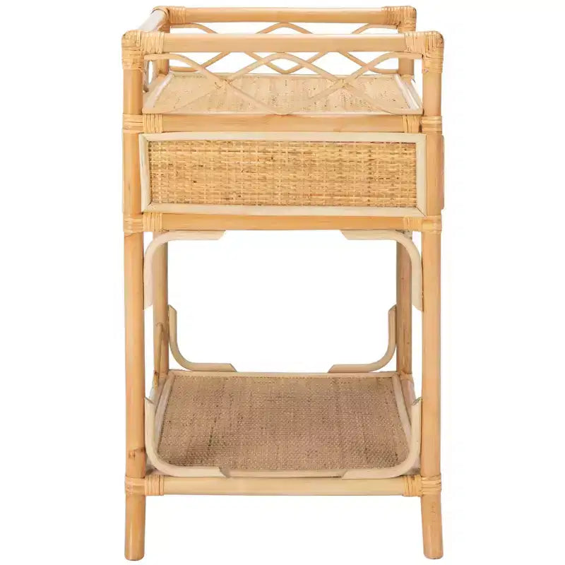 Table de chevet 1 tiroir 1 étagère en bois et rotin