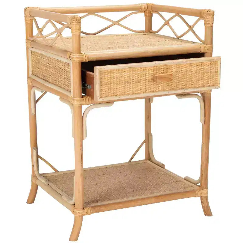 Table de chevet 1 tiroir 1 étagère en bois et rotin