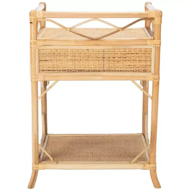Table de chevet 1 tiroir 1 étagère en bois et rotin