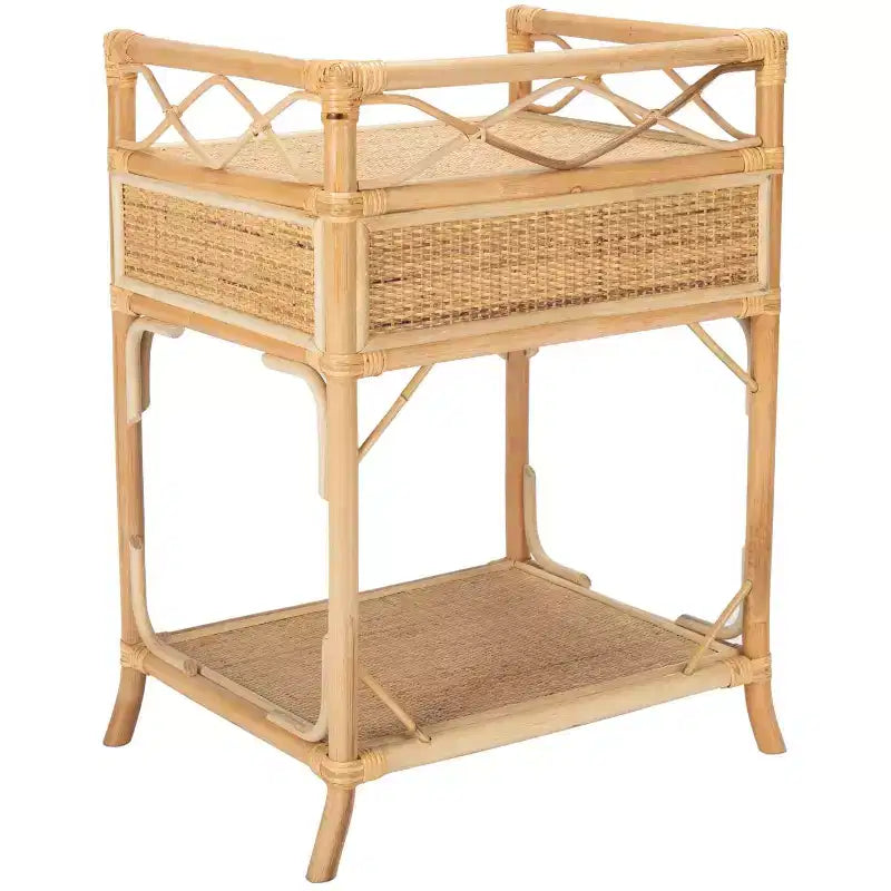 Table de chevet 1 tiroir 1 étagère en bois et rotin