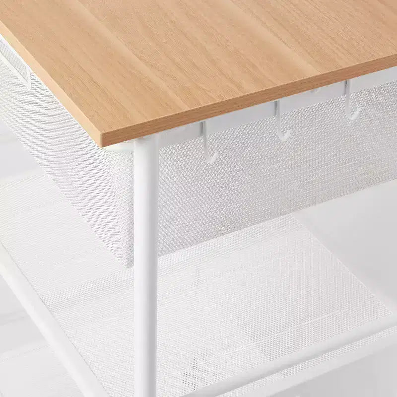 Chariot de rangement en métal avec tiroir en maille et plateau en bois