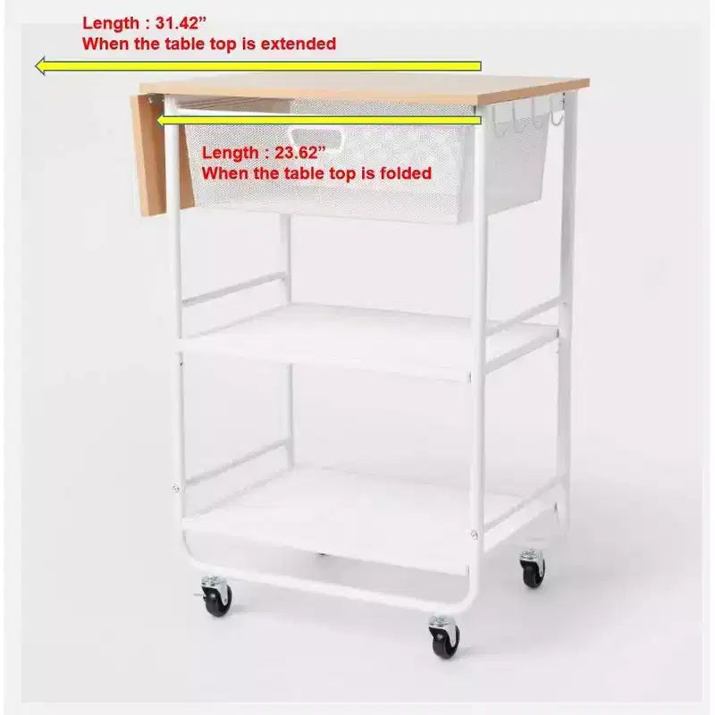 Chariot de rangement en métal avec tiroir en maille et plateau en bois
