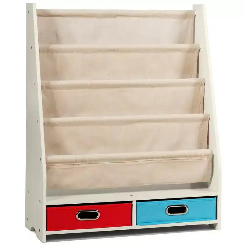 Étagère à Livres pour Enfants avec 4 Poches en Tissu et 2 Bacs de Rangement Espresso/Beige