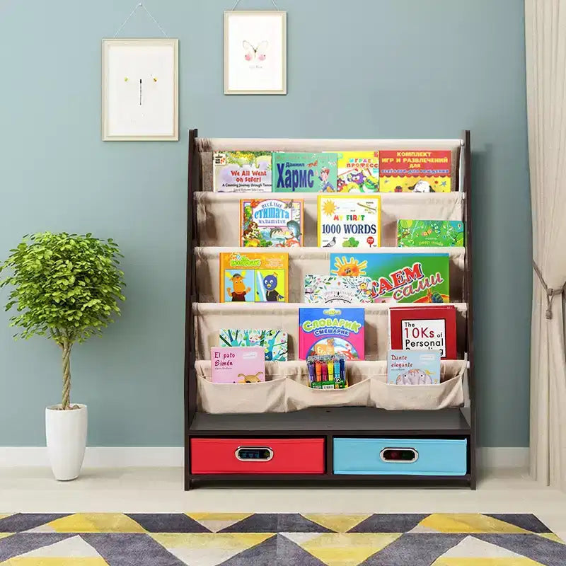 Étagère à Livres pour Enfants avec 4 Poches en Tissu et 2 Bacs de Rangement Espresso/Beige