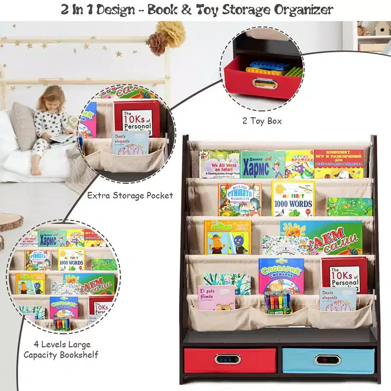 Étagère à Livres pour Enfants avec 4 Poches en Tissu et 2 Bacs de Rangement Espresso/Beige